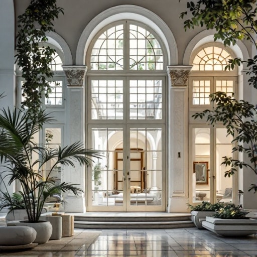 Ampia hall con finestre ad arco ed eleganti infissi, caratterizzata da piante rigogliose, decorazioni bianche, pavimenti lucidati e vista su un cortile interno. Scopri perché Roma Est offre le migliori viste della città.