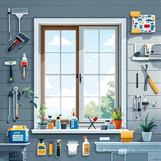 Una finestra con vari attrezzi per la pulizia e il giardinaggio appesi al muro, piante in vaso sul davanzale e prodotti per la pulizia organizzati meticolosamente su uno scaffale sottostante: un esempio di infissi Roma Est manutenzione e cura.