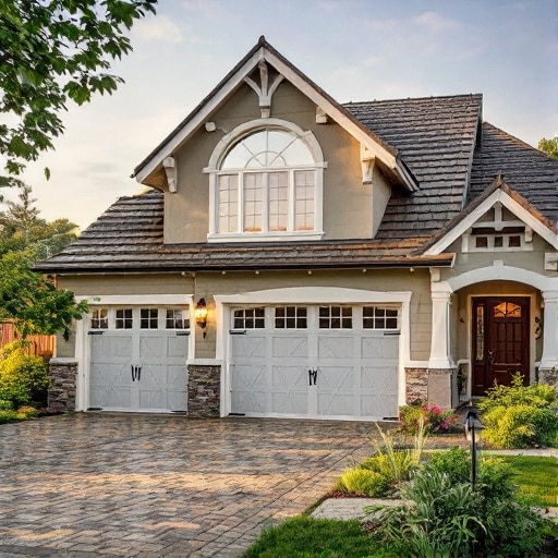 Una casa a due piani con un grande timpano e tre porte da garage, con infissi di alta qualità. È circondata da un vialetto pavimentato e un giardino paesaggistico, immersa nella tranquilla zona di Roma Est.