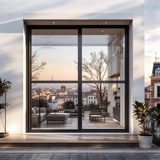 Una grande finestra con infissi in alluminio Roma Est in un edificio moderno si affaccia su un paesaggio urbano con alberi ed edifici sotto un cielo azzurro terso. Piante da interno e mobili eleganti sono visibili all'interno.