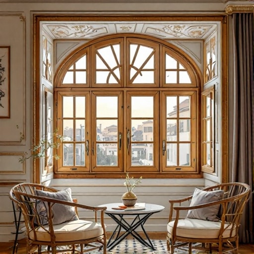 Una grande finestra ad arco con infissi in legno a Roma Est impreziosisce una stanza elegante. Due sedie in vimini e un tavolo rotondo sono rivolti verso la finestra. La luce del sole entra a fiotti, illuminando magnificamente l'interno.