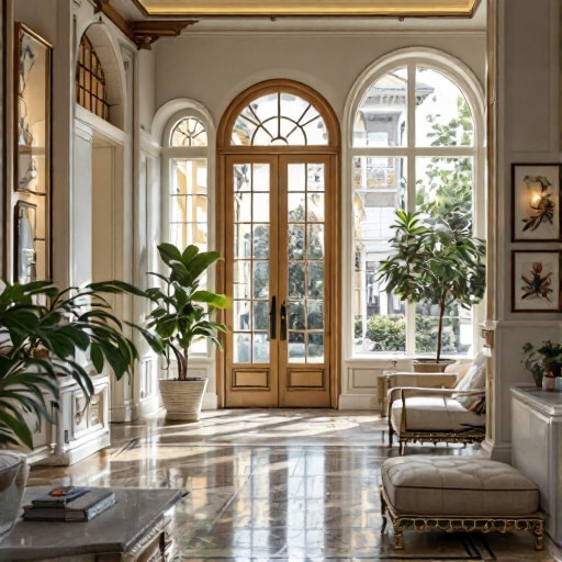 Camera elegante e luminosa, con grandi finestre ad arco, porte in legno, piante in vaso e comode sedute.