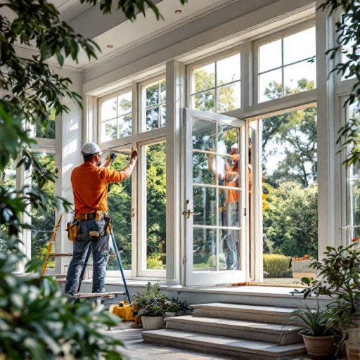 In una stanza luminosa circondata da piante e da una vista esterna, un operaio con un casco da lavoro regola diligentemente una grande porta a vetri. La scena cattura l'essenza di "installazione infissi Roma est", dove la precisione incontra il fascino della natura in perfetta armonia.