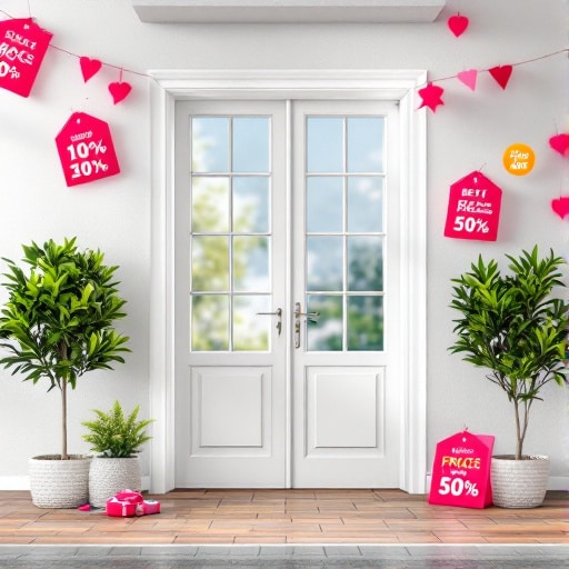 Porte doppie bianche con pannelli di vetro, fiancheggiate da piante in vaso. Cartelli rossi di vendita con sconti appesi sopra e intorno alle porte.