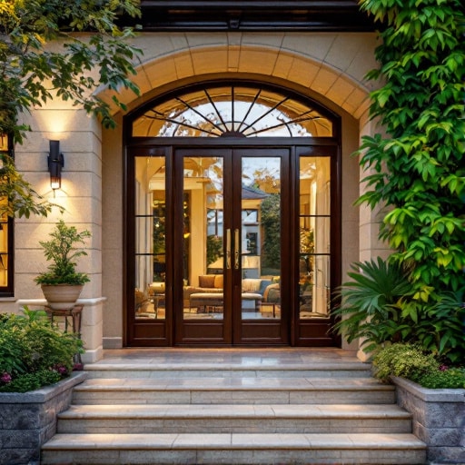Elegante ingresso di una casa con grandi porte doppie in vetro di Serramenti Roma Est, gradini in pietra, piante in vaso e vegetazione lussureggiante. Interni accoglienti visibili attraverso le porte.