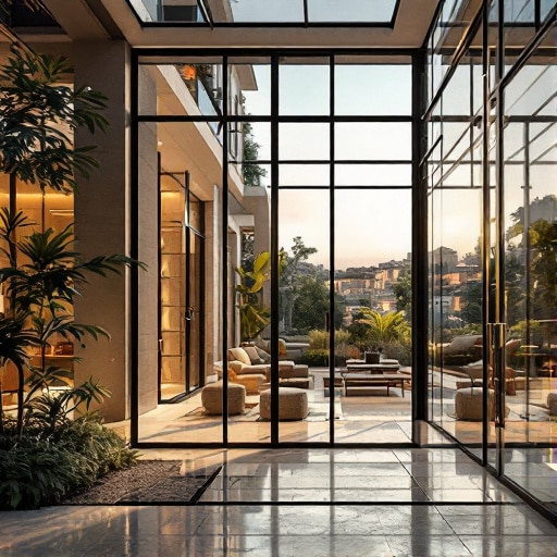 Ampio atrio moderno con infissi di ultima tendenza, con grandi vetrate, piante e posti a sedere all'aperto con vista su un giardino e sulla città in lontananza. La luce naturale riempie l'area.